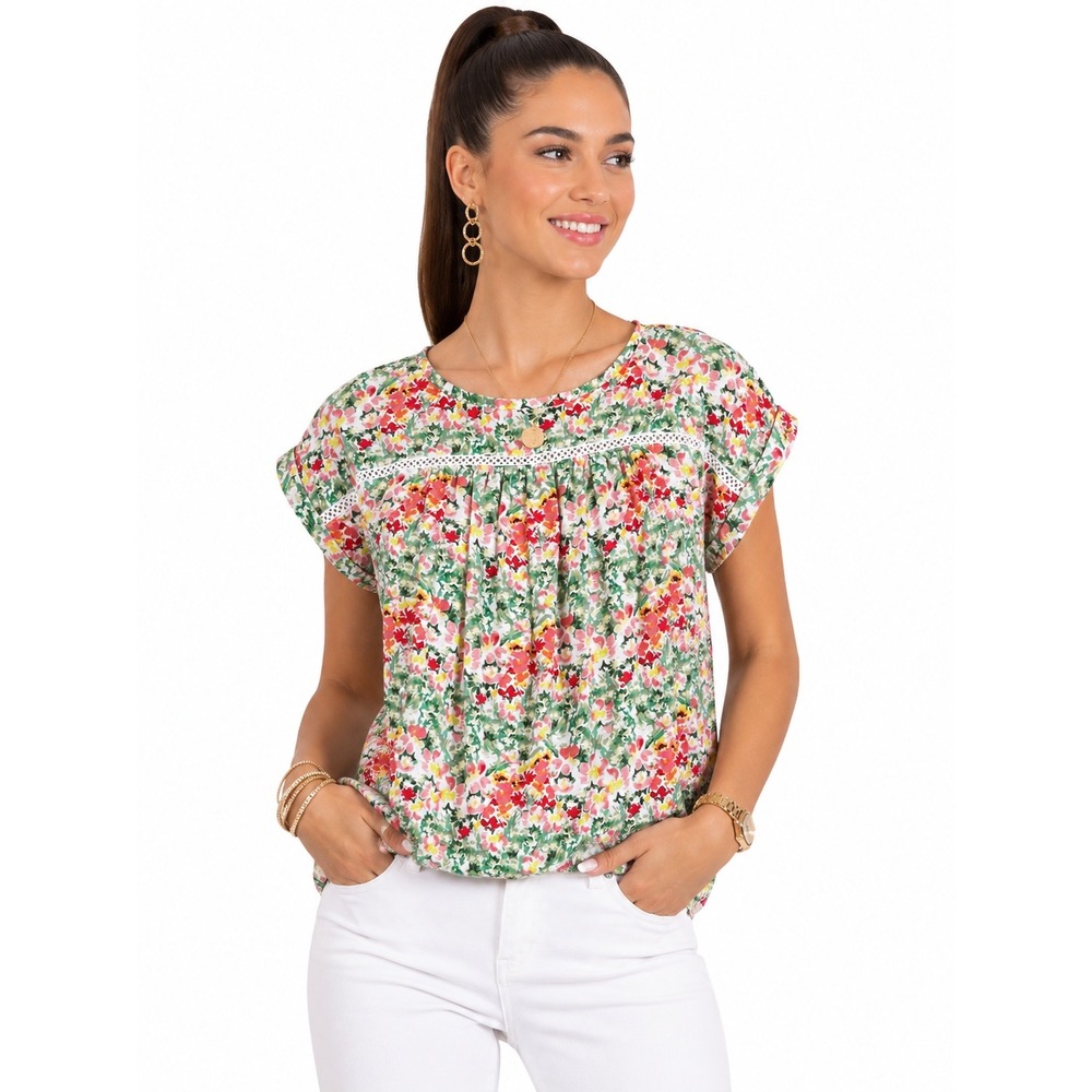 LOFT Floral Short Sleeve Blouse Crochet Lace Keyhole Back S Garden Party Cottage